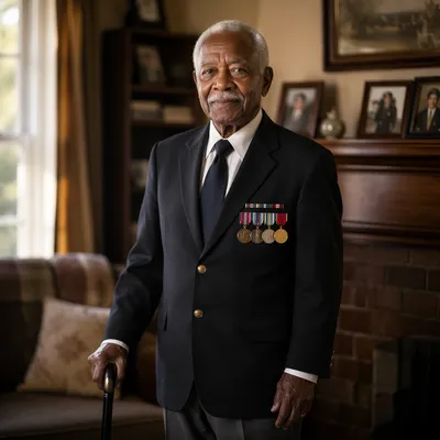 Dignified Elderly Veteran in Sunlit Living Room
