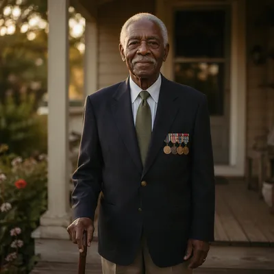 Elderly Veteran on Porch at Golden Hour