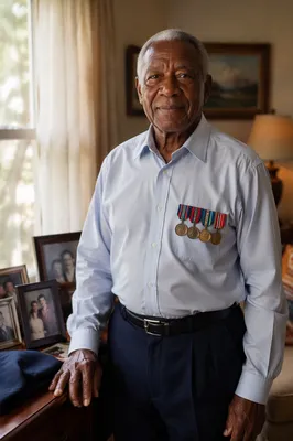 Dignified Elderly Veteran in Sunlit Living Room