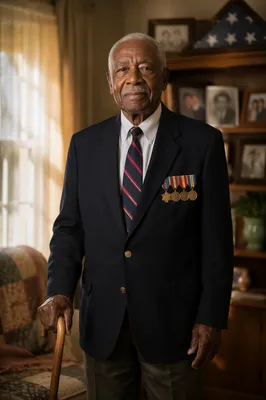 Proud Elderly Veteran in Sunlit Living Room