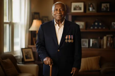 Proud Elderly Veteran in Sunlit Living Room