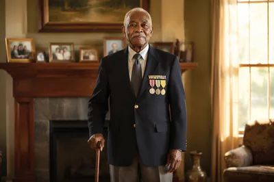 Dignified Elderly Veteran in Sunlit Living Room