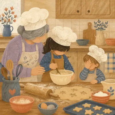 Grandmother Baking Cookies with Grandchildren