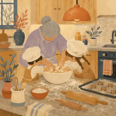 Grandmother Baking Cookies with Grandchildren