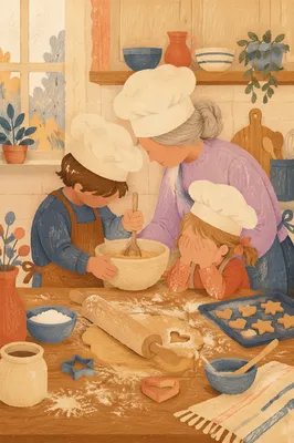 Grandmother Baking Cookies with Grandchildren