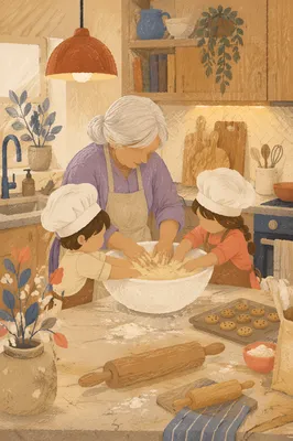 Grandmother Baking Cookies with Grandchildren