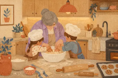 Grandmother Baking Cookies with Grandchildren