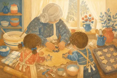 Grandmother Baking Cookies with Grandchildren