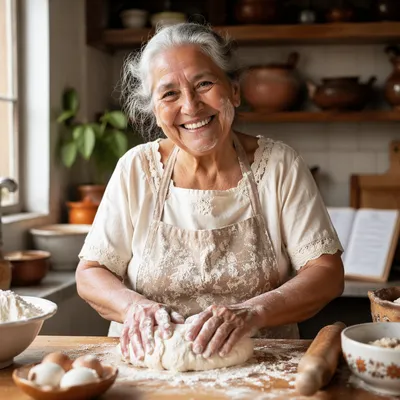 Joyful Grandmother Kneading Dough in Kitchen