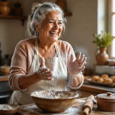 Joyful Grandmother Baking in Sunlit Kitchen