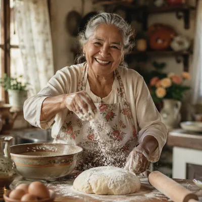 Joyful Grandmother Baking in Sunlit Kitchen
