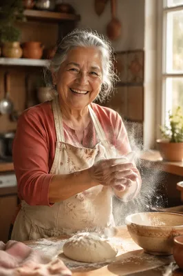 Joyful Grandmother Baking in Sunlit Kitchen