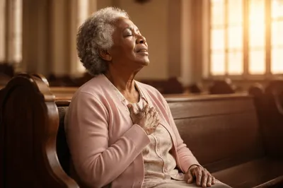 Elderly Woman Singing in Church Pew