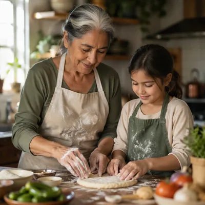Grandmother Teaching Granddaughter to Make Dough