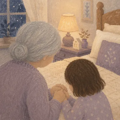 Grandmother Guiding Child in Evening Prayer