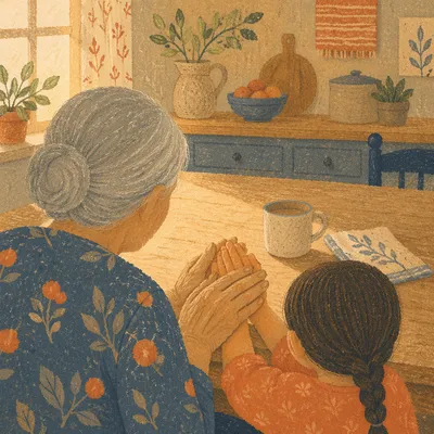 Grandmother Teaching Child Morning Prayer
