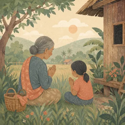 Grandmother Teaching Prayer in Quiet Countryside