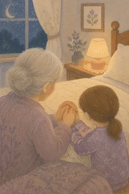 Grandmother Guiding Child in Evening Prayer