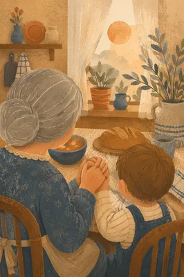 Grandmother Teaching Prayer at Kitchen Table