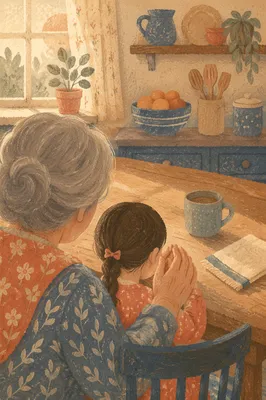 Grandmother Guiding Child in Morning Prayer