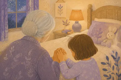Grandmother Guiding Grandchild in Evening Prayer
