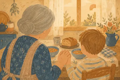 Grandmother Teaching Child Prayer at Supper