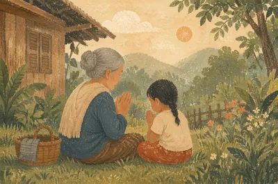 Grandmother Teaching Grandchild to Pray Outdoors