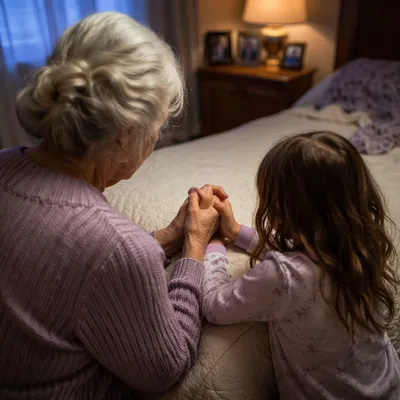 Grandmother Guiding Child in Evening Prayer