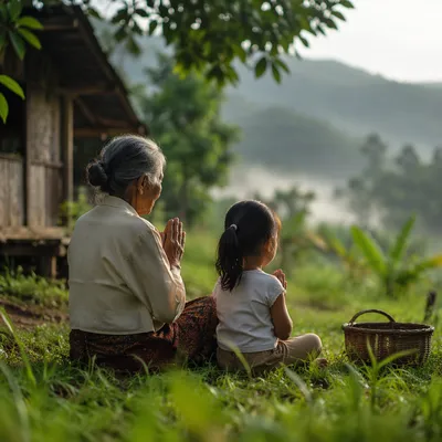 Grandmother Teaching Grandchild to Pray Outdoors