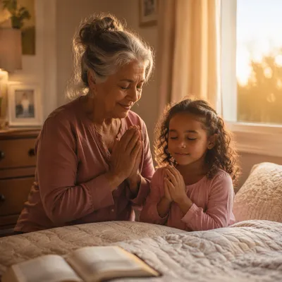 Grandmother Teaching Child Morning Prayer by Window