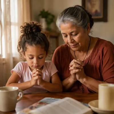 Grandmother Teaching Grandchild to Pray Indoors