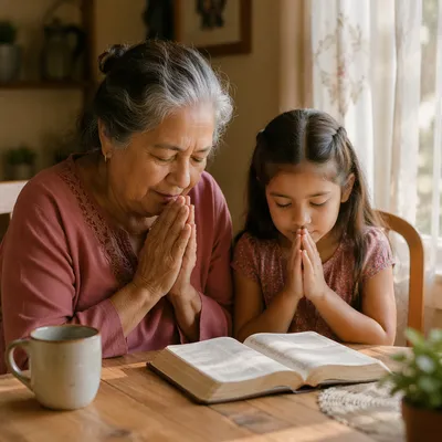 Grandmother and Granddaughter Praying by Window
