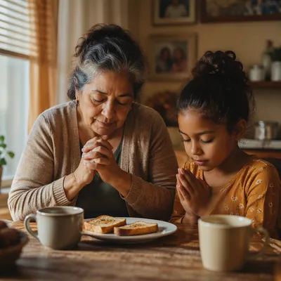 Grandmother and Child Praying at Breakfast
