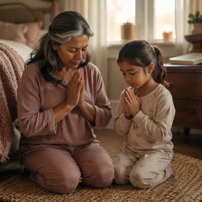 Grandmother and Grandchild Praying by Window