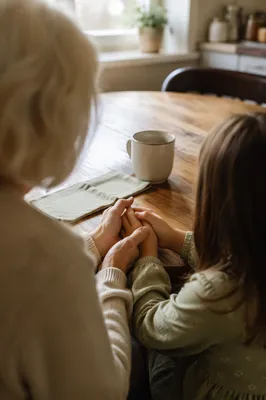 Grandmother Guiding Child in Morning Prayer