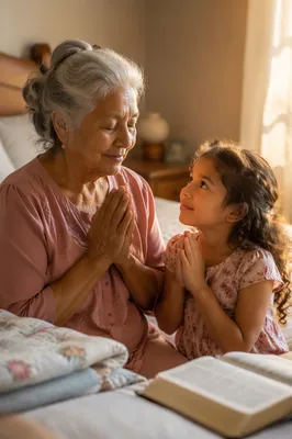 Grandmother Teaching a Child Morning Prayer