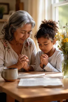 Grandmother and Grandchild Praying by Window