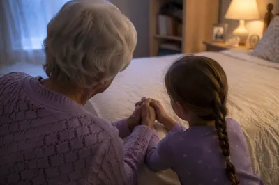 Grandmother Guiding Grandchild in Evening Prayer