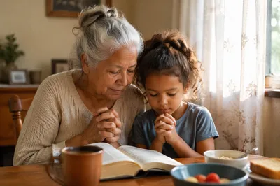 Grandmother Teaching Child to Pray Indoors
