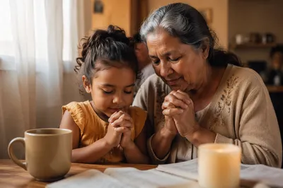 Grandmother Teaching Child to Pray Indoors