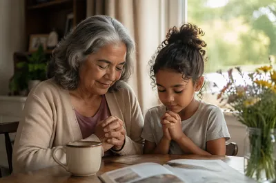 Grandmother and Grandchild Praying by Window