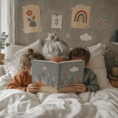 Grandparents and Grandchildren Reading in Bed
