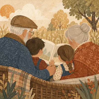 Grandparents and Grandchildren Reading in Meadow