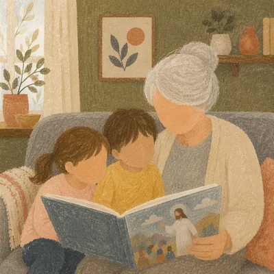 Grandmother Reading With Grandchildren on Sofa