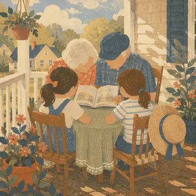 Grandparents and Grandchildren Reading on Porch