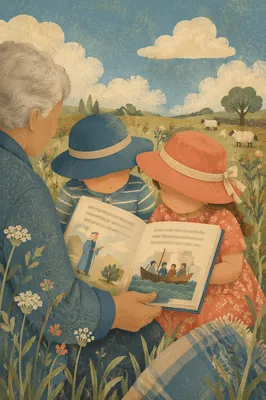 Grandparents and Grandchildren Reading in Meadow