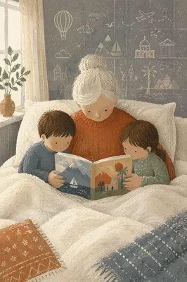 Grandparents Reading with Grandchildren in Bed
