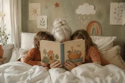 Grandparents and Grandchildren Reading in Bed