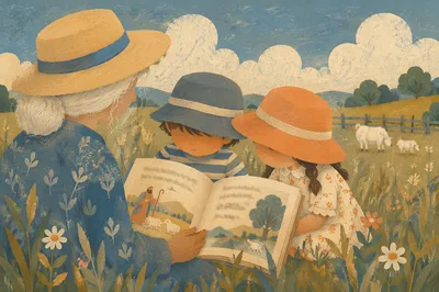 Grandparents and Grandchildren Reading in Meadow