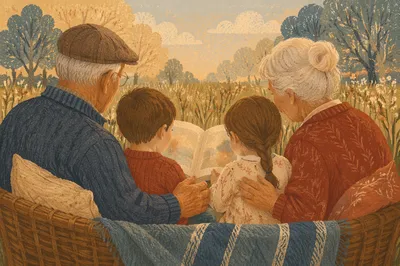 Grandparents and Grandchildren Reading in Meadow